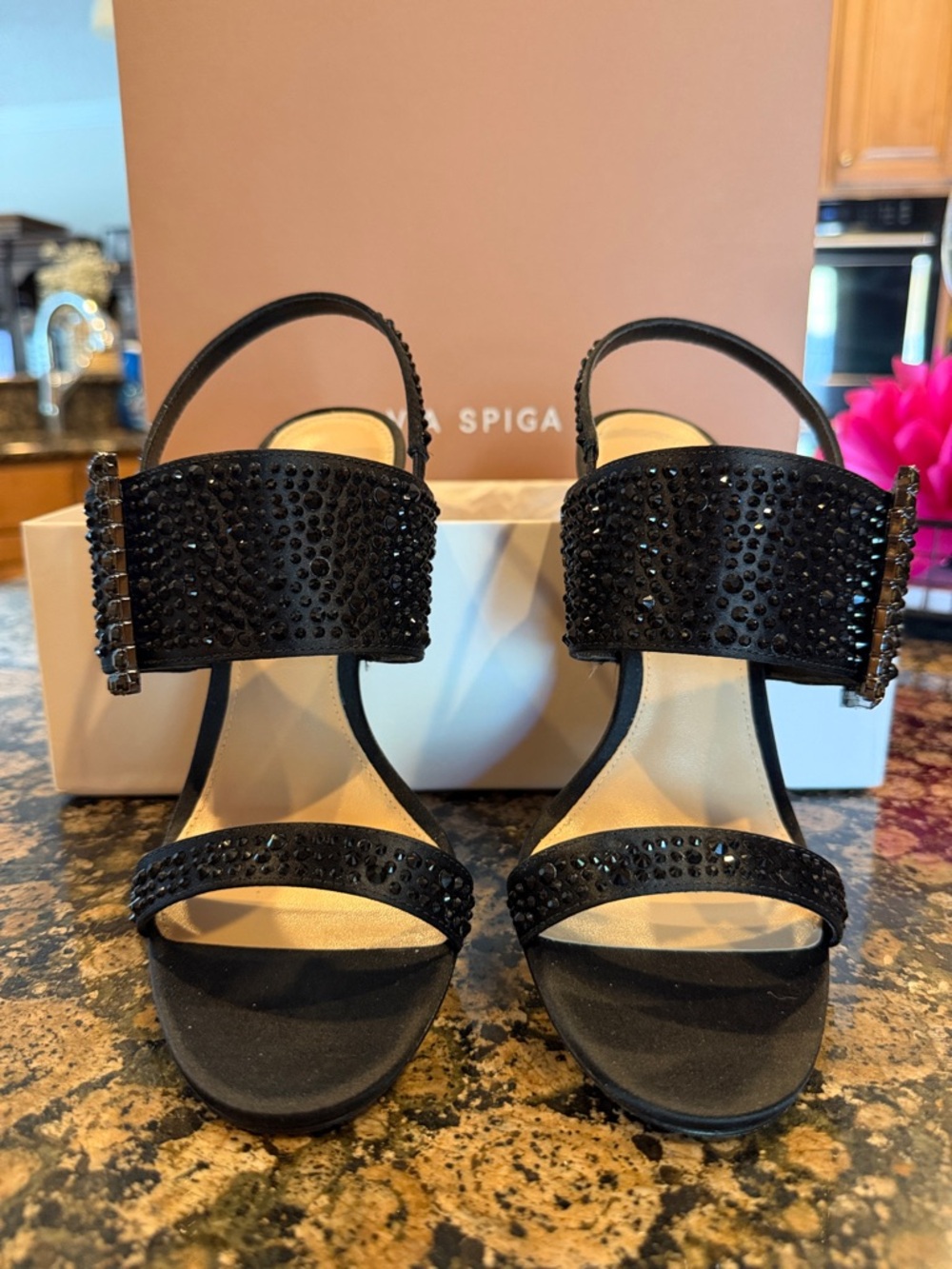 Via Spiga Black Crystal-Studded Open-Toe Slingback Heels